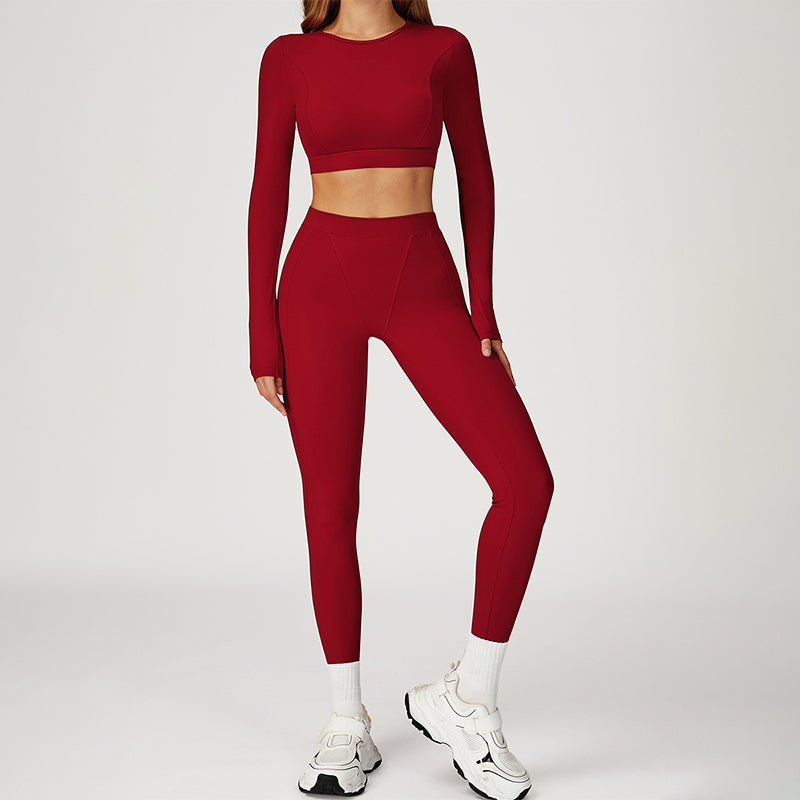 Round-neck long-sleeve high-waist fitted top+HIGH WAIST LEGGINGS 2-PIECE SET
