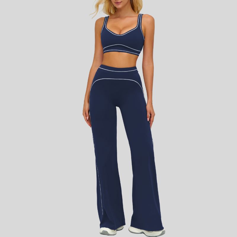 Contrasting bra with removable bra pads+High-waisted wide-leg pants 2-piece set