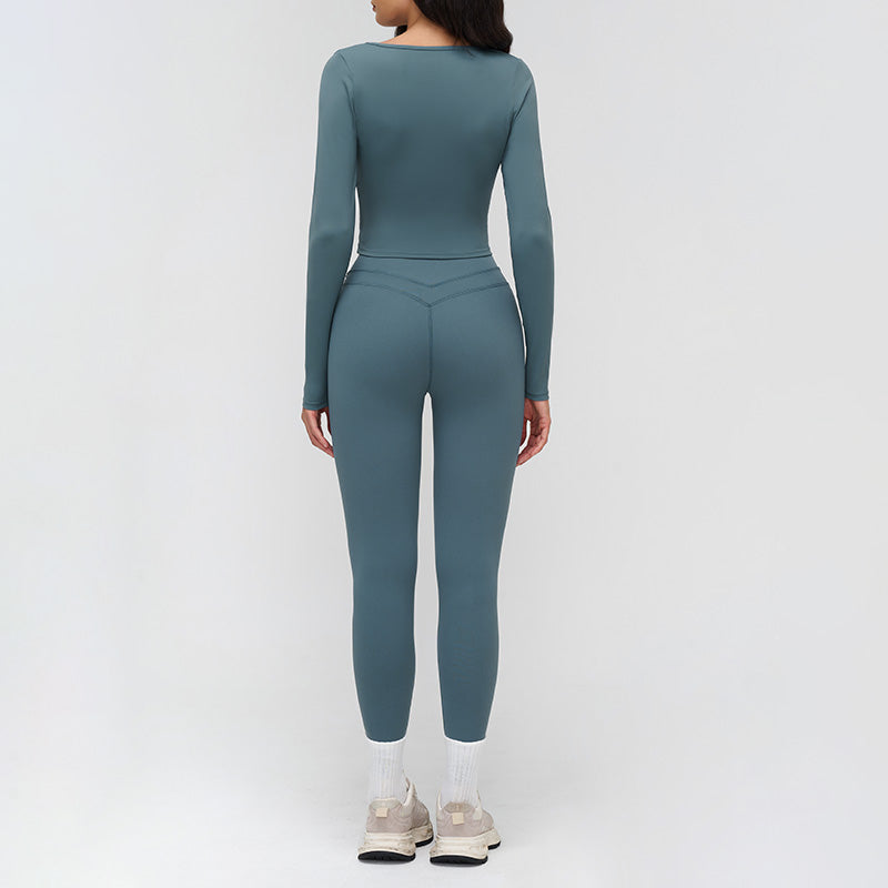 V-neck slim-fit long-sleeved top + High waist leggings 2-piece set