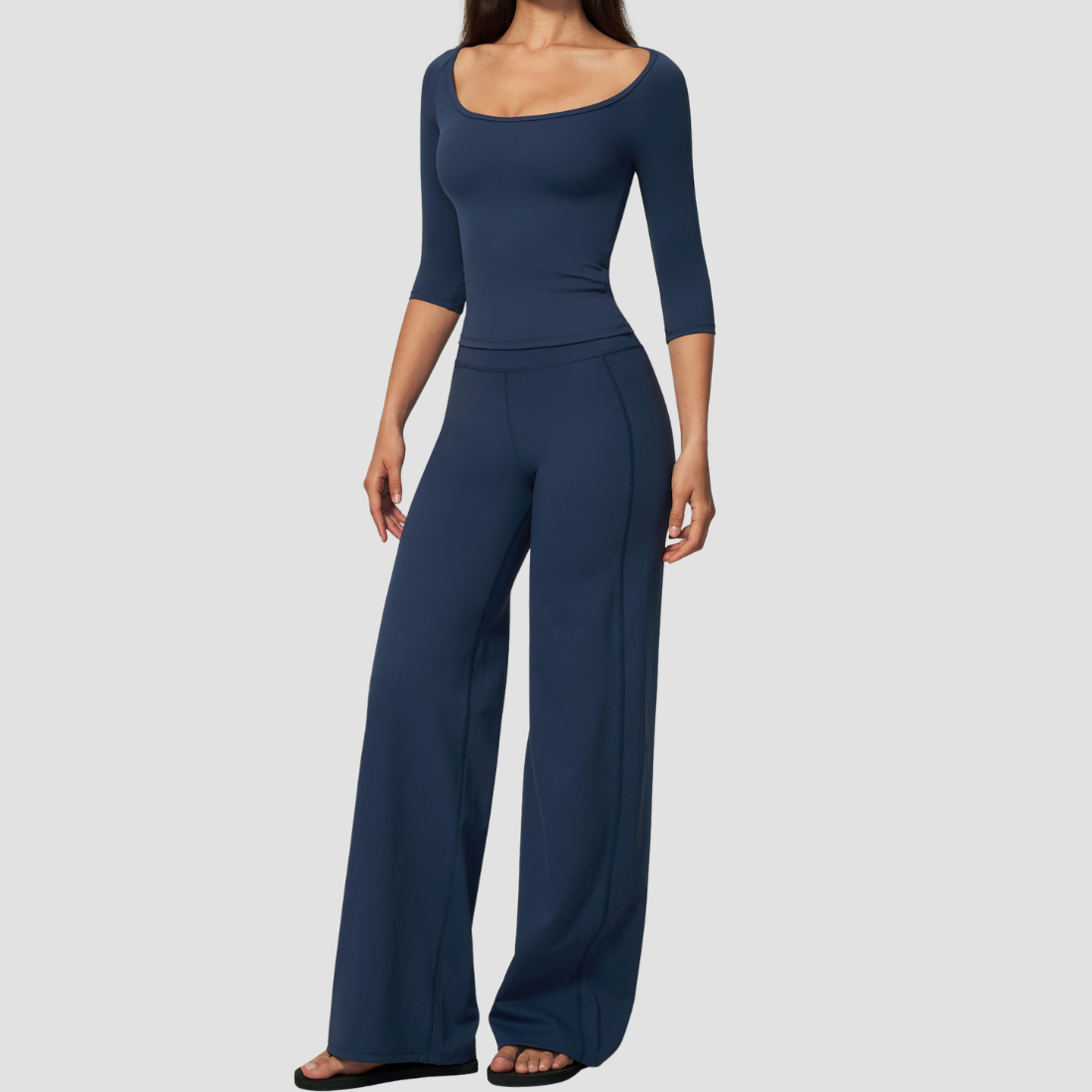 Wholesale Women's Round neck mid sleeve top+Hip lift Wide-Leg Yoga Set