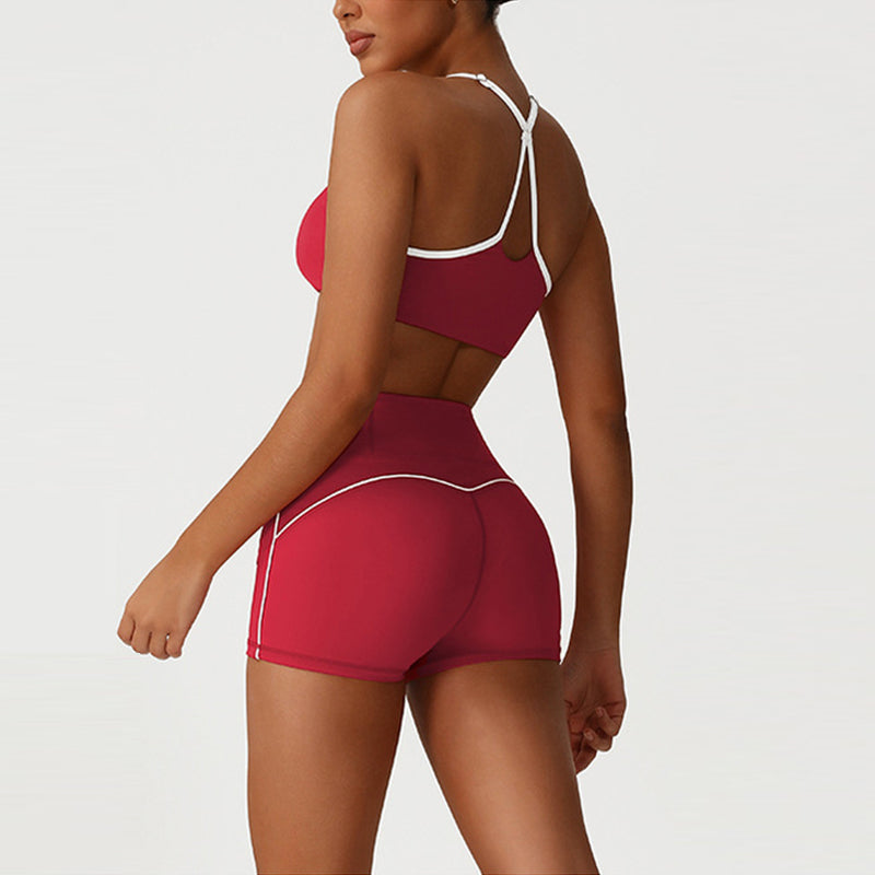 Cross-Back Color-Blocked Bra + High-Waisted Butt-Lifting Shorts 2-Piece Set