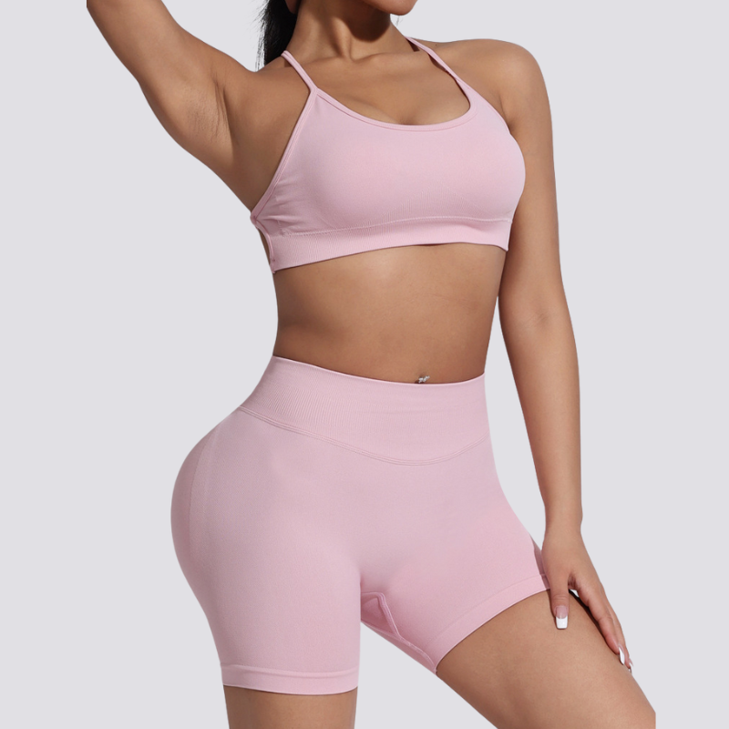 Women's beautiful back strap sports bra + yoga shorts two-piece set