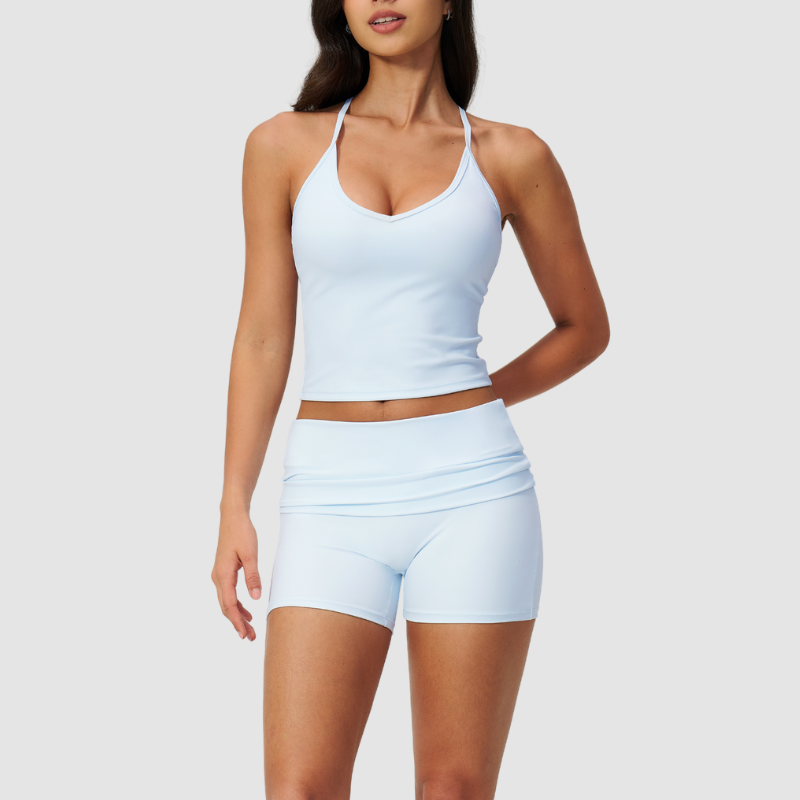 Wholesale women's brushed vest and fold-over hip-lifting shorts set