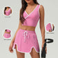 V-neck Sports Crop Top + Color-Blocked Skirt 2-Piece Set