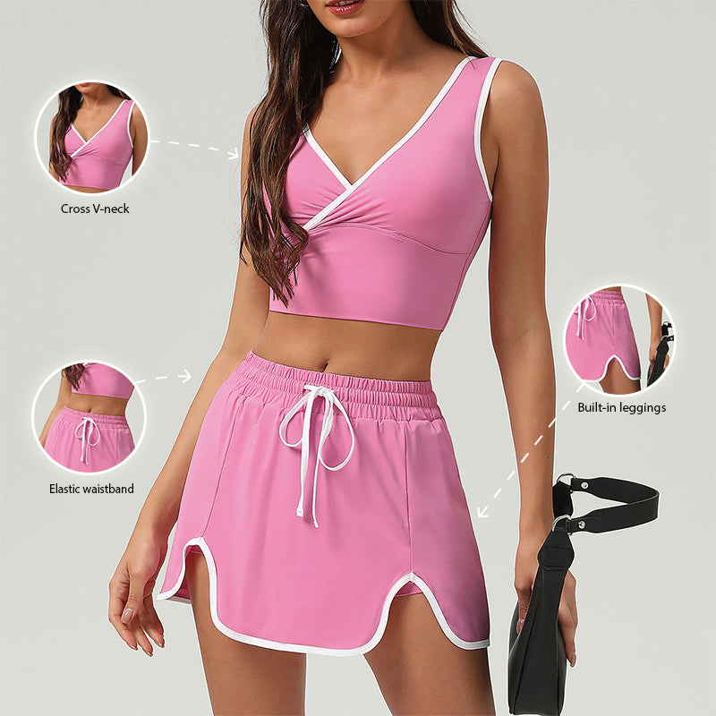 V-neck Sports Crop Top + Color-Blocked Skirt 2-Piece Set