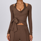 Wholesale Women's Ribbed V-Neck Tie-Front Long-Sleeve Yoga Cardigan
