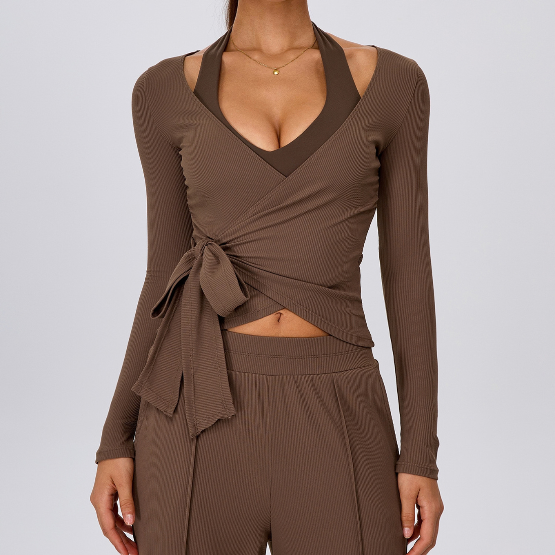 Wholesale Women's Ribbed V-Neck Tie-Front Long-Sleeve Yoga Cardigan