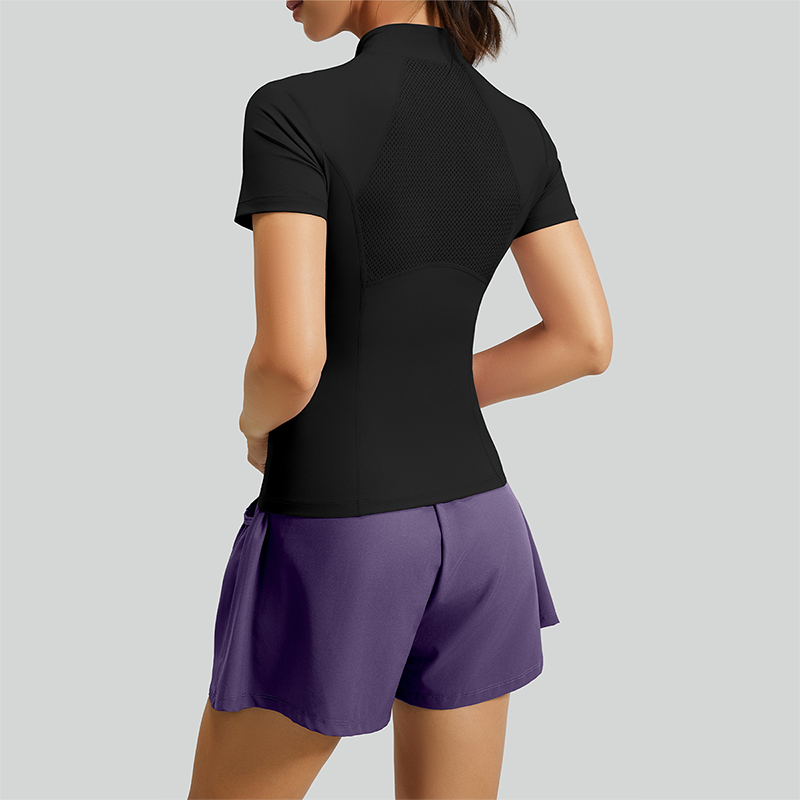 Wholesale Women's Mesh Yoga Set: Half-Zip Short Sleeve Top & Shorts