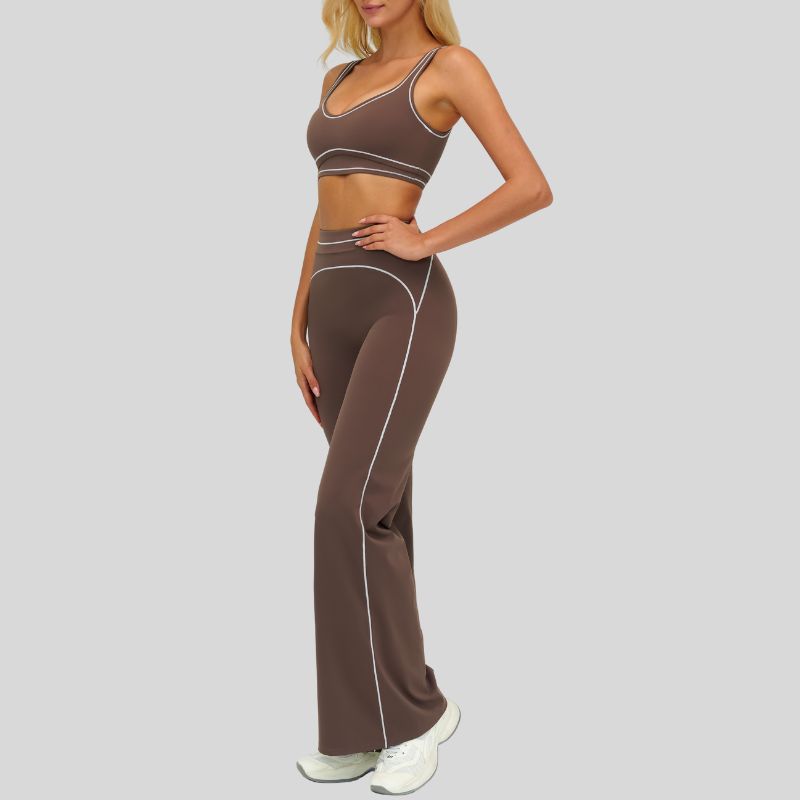 Contrasting bra with removable bra pads+High-waisted wide-leg pants 2-piece set