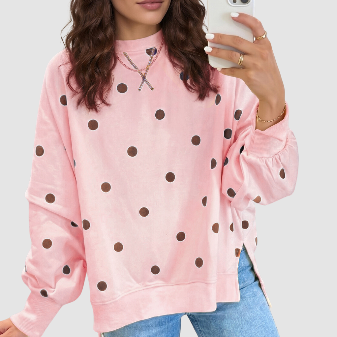 Wholesale Women's Polka Dot Pullover Sweatshirt – Loose Contrast Round-Neck Top