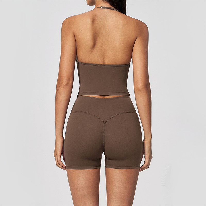 Wholesale Women's Halter Neck Yoga Set – Deep V-Neck Bra & High-Waist Shorts