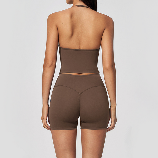 Wholesale Women's Halter Neck Yoga Set – Deep V-Neck Bra & High-Waist Shorts