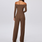 Wholesale Women's Padded Sports Bra+Off-Shoulder Long-Sleeve+Wide-Leg Pants Yoga Set