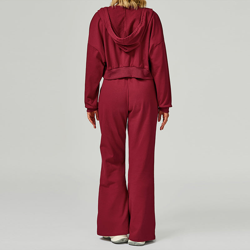 Loose hooded and full zipper Sweatshirt + drawstring Sweatpants 2 pieces set