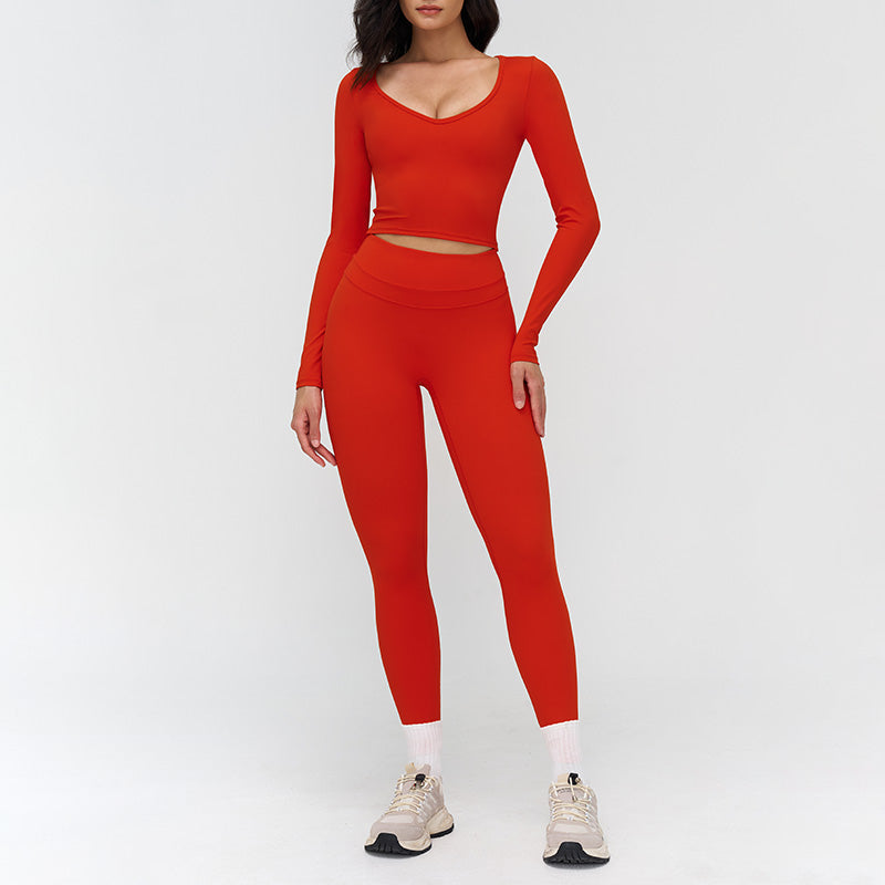 V-neck slim-fit long-sleeved top + High waist leggings 2-piece set