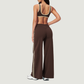 Nude-feel deep V bra + high waist + high-waisted color-blocked pants 2-piece set