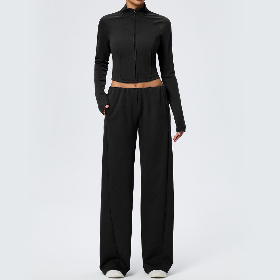 Wholesale Women's Activewear Cotton Stand-Collar Zip-Up Jacket & Wide-Leg Pants Warm Set