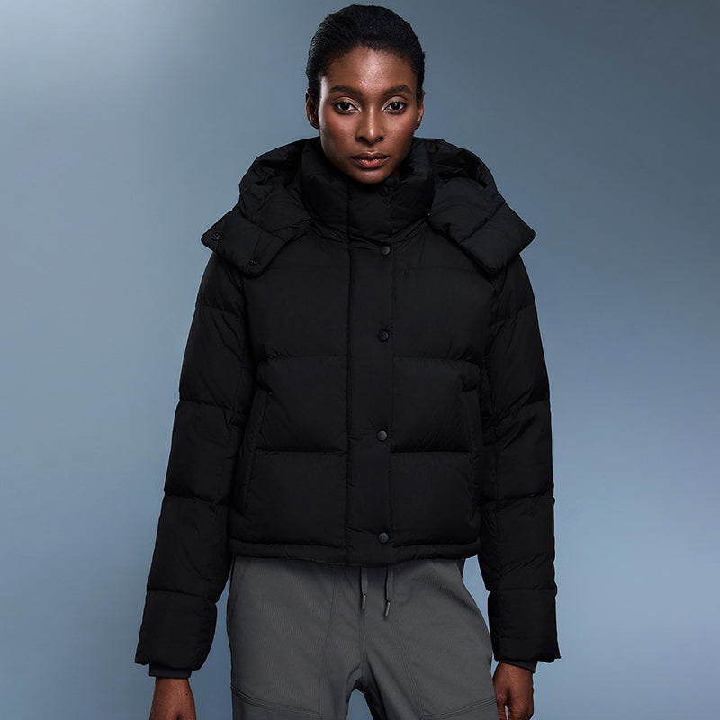 Detachable-hood relaxed-fit down jacket