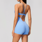 Wholesale Women's Cross-Back Yoga Bodysuit – Brushed Slim Fit Athletic Shorts Jumpsuit w/ Chest Pad