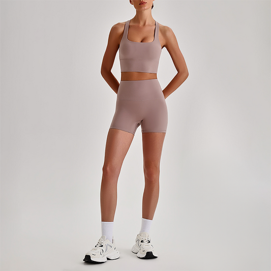 Wholesale Cross-Back Sports Bra & High-Waist Biker Shorts Set – Naked-Feel Quick-Dry Yoga 2-Piece