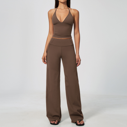 Wholesale Deep V Halter Neck Sweat-Wicking Breathable Fashion Casual Flared Fitness Set