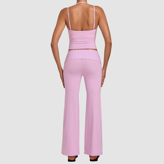 Wholesale Women's Retro Print Yoga Fake Two-Piece Vest+Flared-Leg Pants Set
