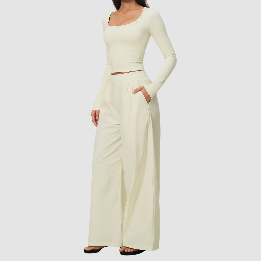 Wholesale Women's Brushed V-Neck Long Sleeve Top & Wide-Leg Pants Yoga Set