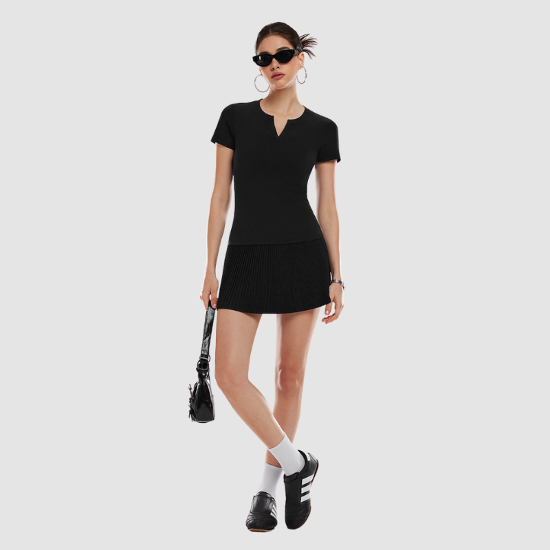 Wholesale Women's V-Neck Open-Back Short Sleeve Top & Pleated Skirt Set