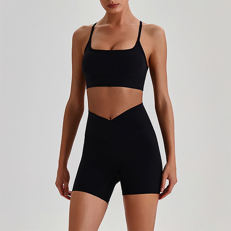Wholesale Brushed Naked-Feel Open-Back Sports Bra & High-Waist Shorts Set – Sculpting Yoga 2-Piece
