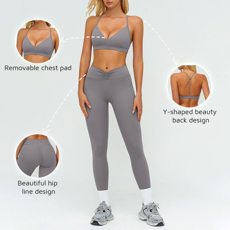 Removable bra pads + high-waisted pleated leggings 2-piece set