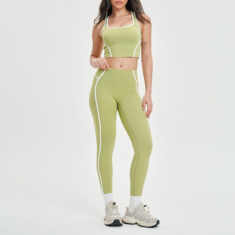Women's contrasting color backless tank top + high-waisted leggings 2-piece set