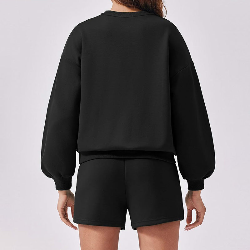 Round neck loose casual sweatshirt+Loose-fitting athletic shorts 2-piece set
