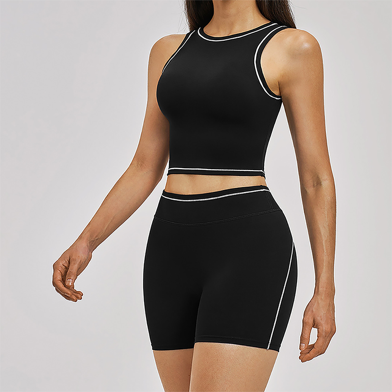 Wholesale Color Block Yoga Halter Vest + Shorts 2-Piece Set