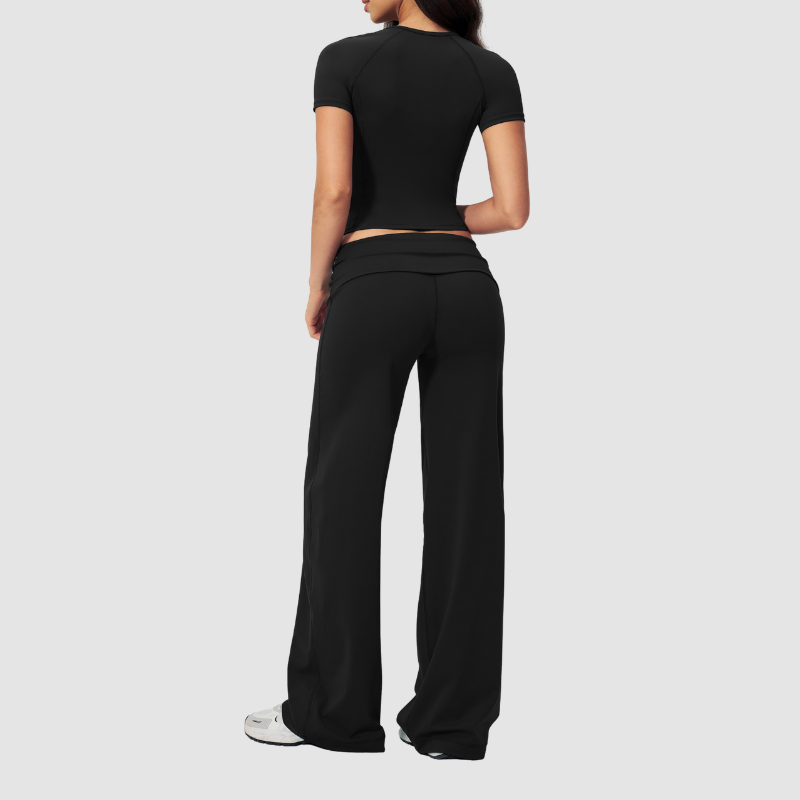 Wholesale Seam-Detail Cropped T-Shirt & Folding waist Flare Leggings Set