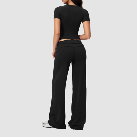 Wholesale Seam-Detail Cropped T-Shirt & Folding waist Flare Leggings Set