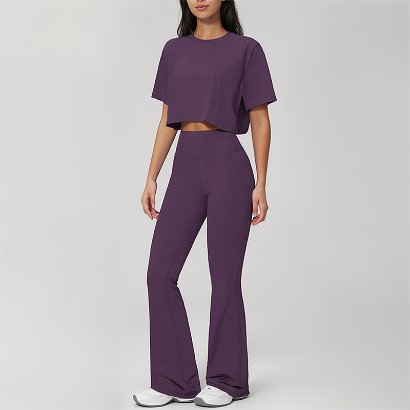 Wholesale round neck short sleeved top+flared pants 2-piece set