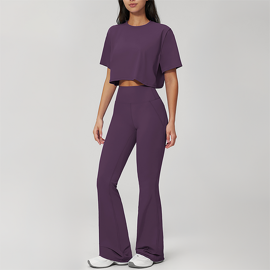 Wholesale round neck short sleeved top+flared pants 2-piece set