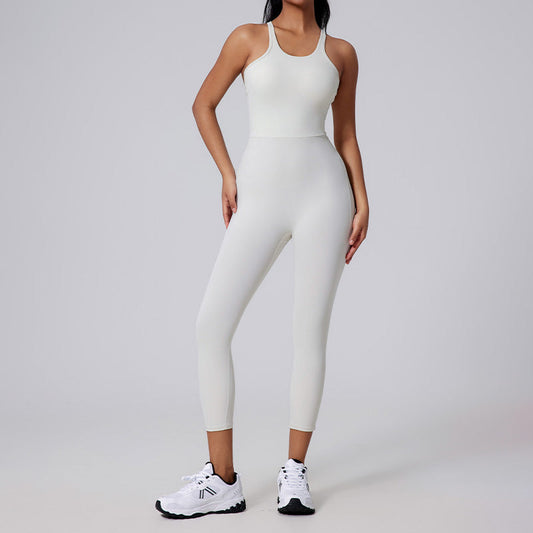 Brushed nude V-shaped back long pants yoga jumpsuit