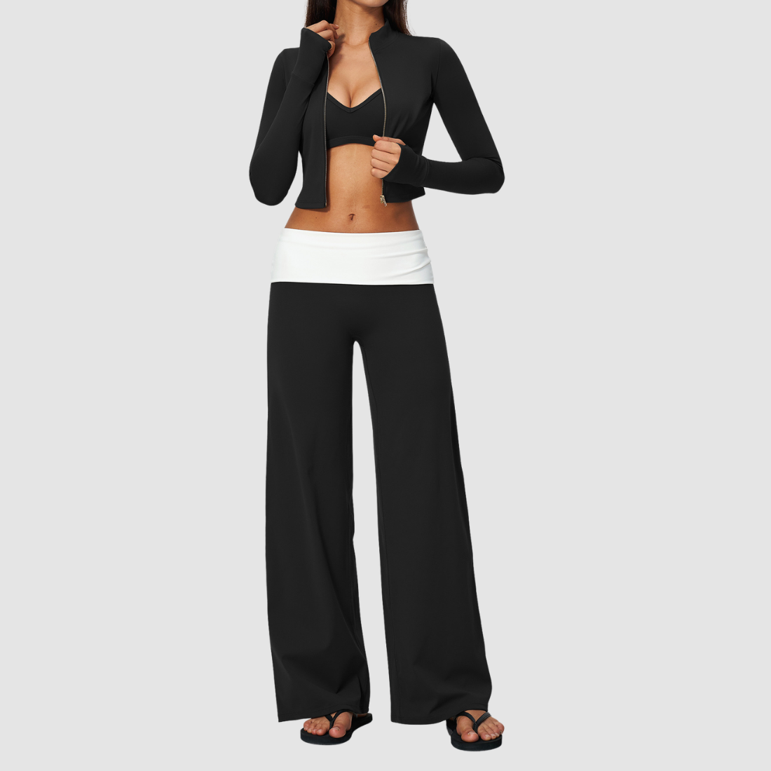 Wholesale Women’s 3-Piece Zip Jacket, Sports Bra & Wide-Leg Yoga Pants Set