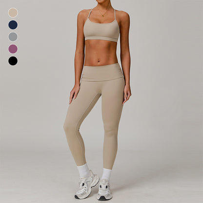 Cruz Back e tiras finas Sports Sports + Conjunto de 2 peças de cintura de cintura alta