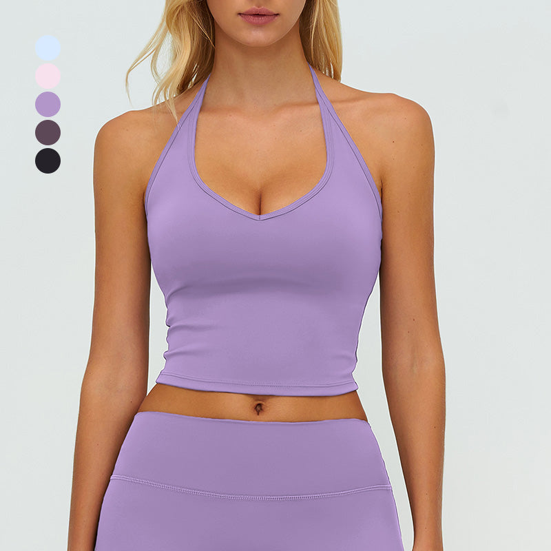 Halter-neck open-back sports tank top