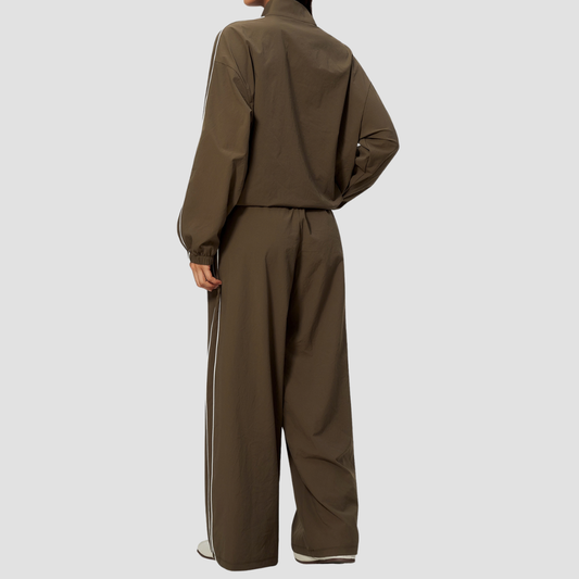 Wholesale Women's Stand-Collar Zip Jacket and Wide-Leg Long Pants Set