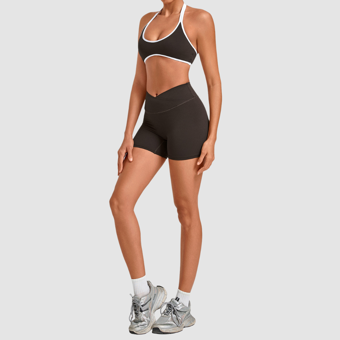 Wholesale Women’s Contrast Sports Bra & High-Waist Biker Shorts Yoga Set