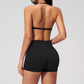Wholesale Women's Halter Neck Sports Bra & High-Waist Booty Shorts Set – Seam-Detail Quick-Dry 2-Piece Yoga Set