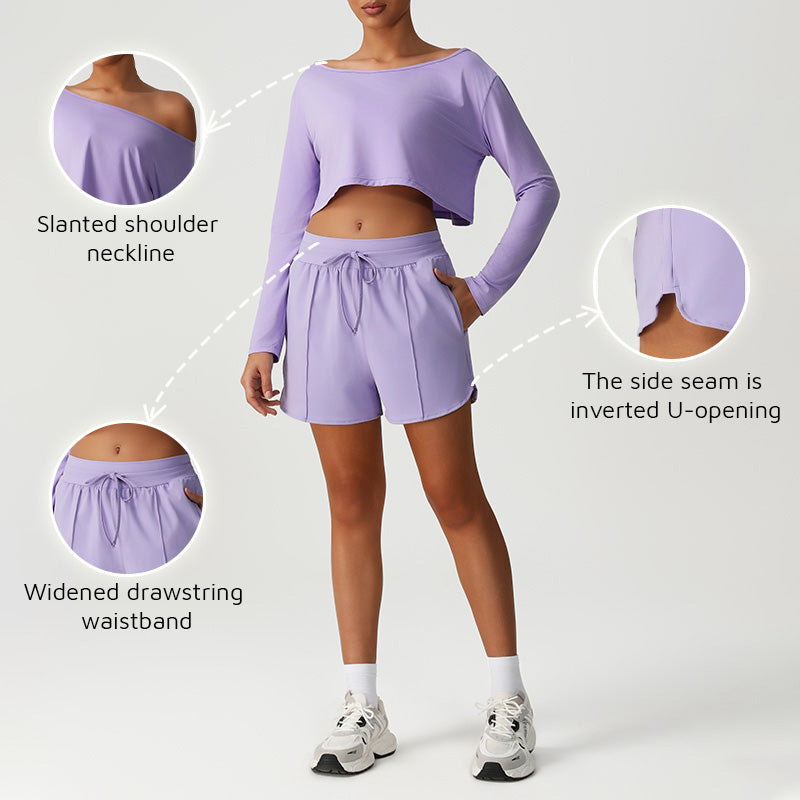 Quick-Drying Cropped Long Sleeves + Drawstring Shorts 2-Piece Set
