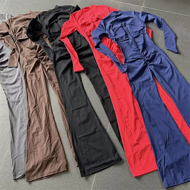 Zipper long sleeved backless fitness jumpsuit
