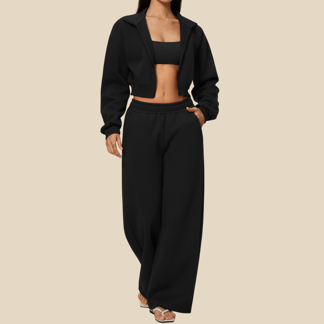Wholesale Women's Activewear High-neck zip-up Jacket+Fleece-lined wide-leg pants Set