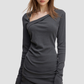 Wholesale Women’s Asymmetric Neck Streetwear Top & Shoulder Wrap – Washed Long Sleeve