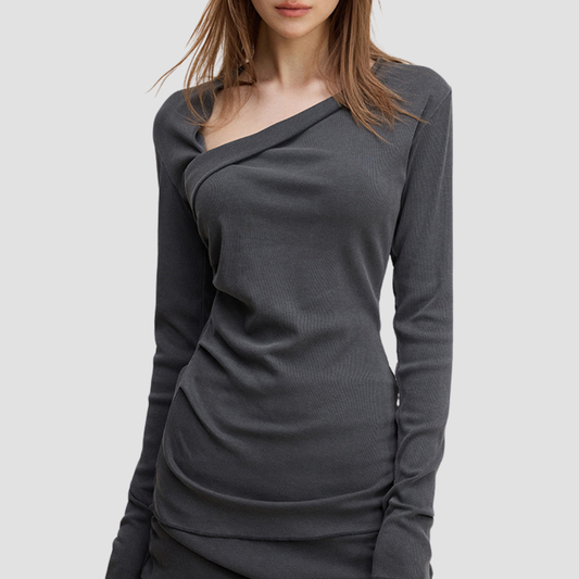 Wholesale Women’s Asymmetric Neck Streetwear Top & Shoulder Wrap – Washed Long Sleeve