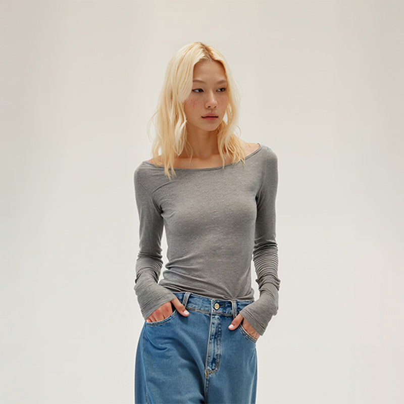 Boat neck slim waist bottoming shirt